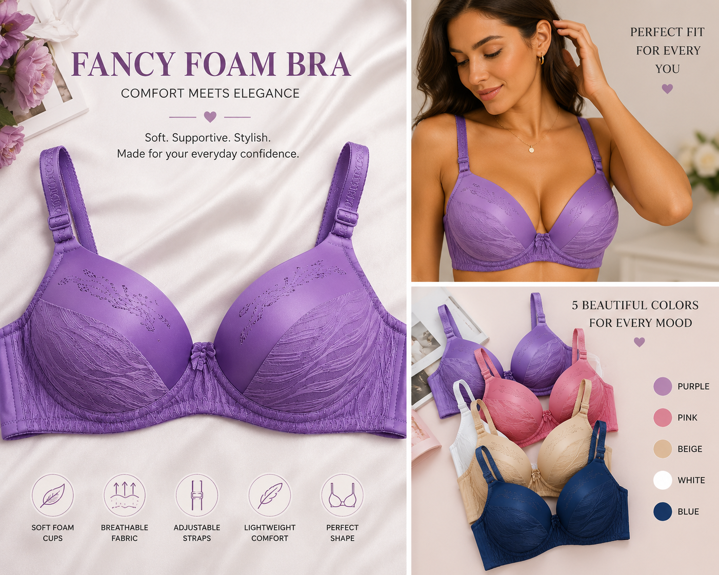 Fancy Foam Bra – Soft Padded Comfort Bra | 5 Colors | Sizes 36-40