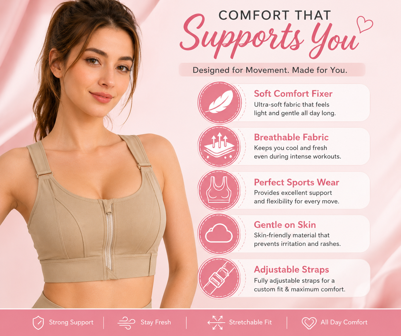 Premium Quality Front Closure Padded High Impact Sports Bra With Adjustable Waist Band-Rust | 6 Colors