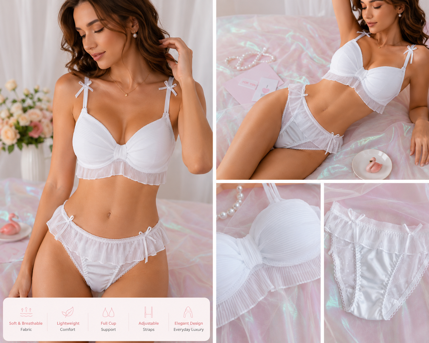 Fancy Bra Set – Soft Luxury Lingerie Set with Elegant Design (3 Colors Pink, Black & White)