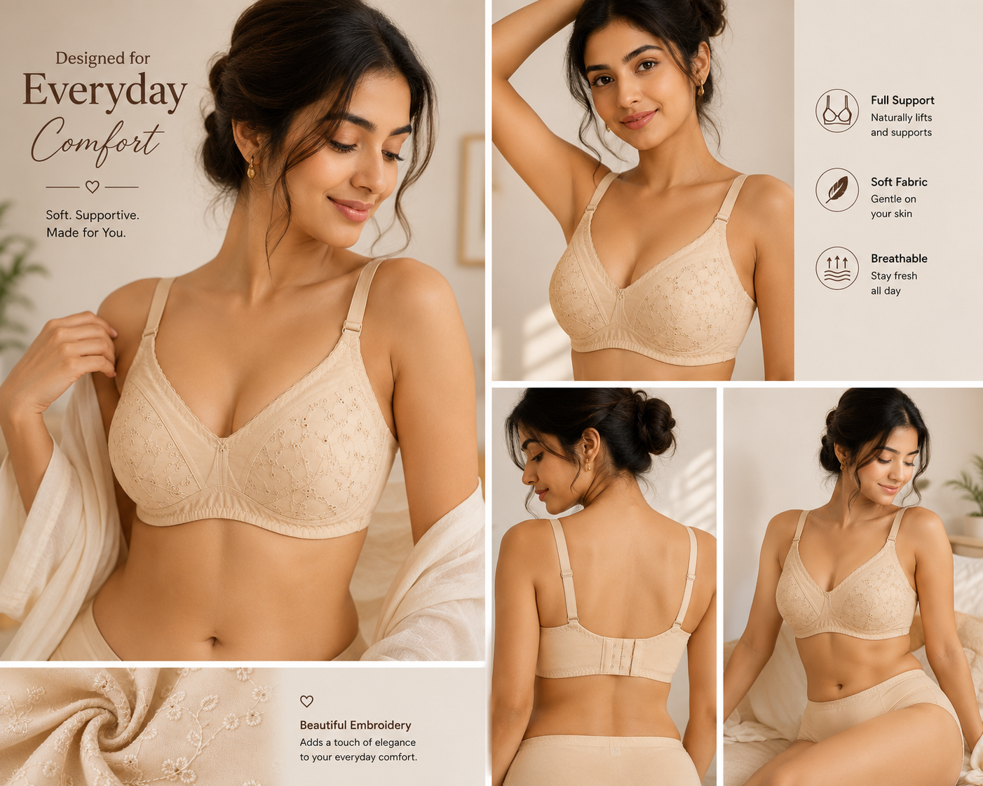 Full Cup Chicken Cotton Embroidered Bra – Soft Breathable Everyday Comfort (5 Colors | Sizes 32-42