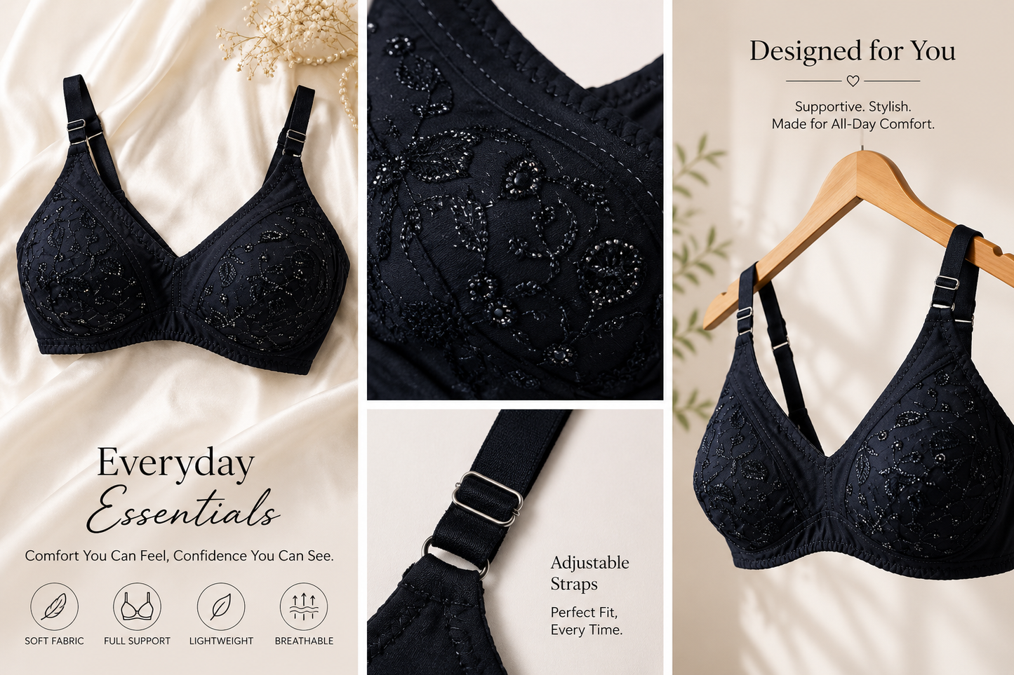 Full Cup Chicken Cotton Embroidered Bra – Soft Breathable Everyday Comfort (5 Colors | Sizes 32-42