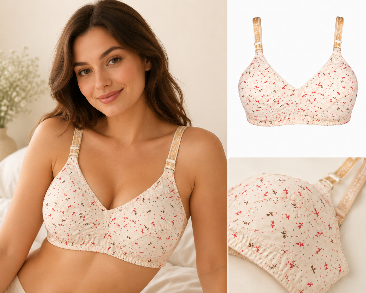 Indian Print Fine Cotton Non-Padded Bra – Skin Color | Soft Everyday Comfort | Sizes 32-42