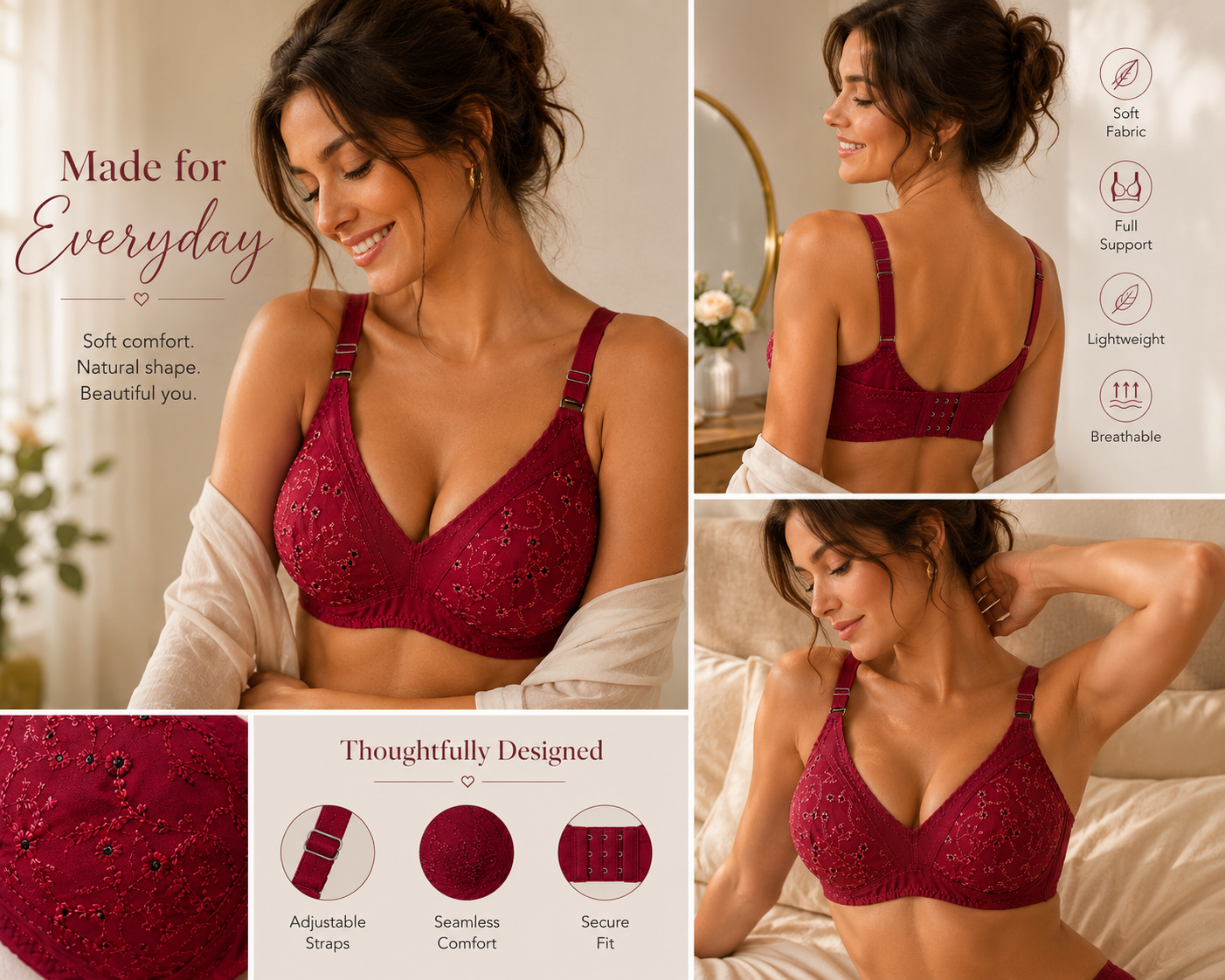 Full Cup Chicken Cotton Embroidered Bra – Soft Breathable Everyday Comfort (5 Colors | Sizes 32-42