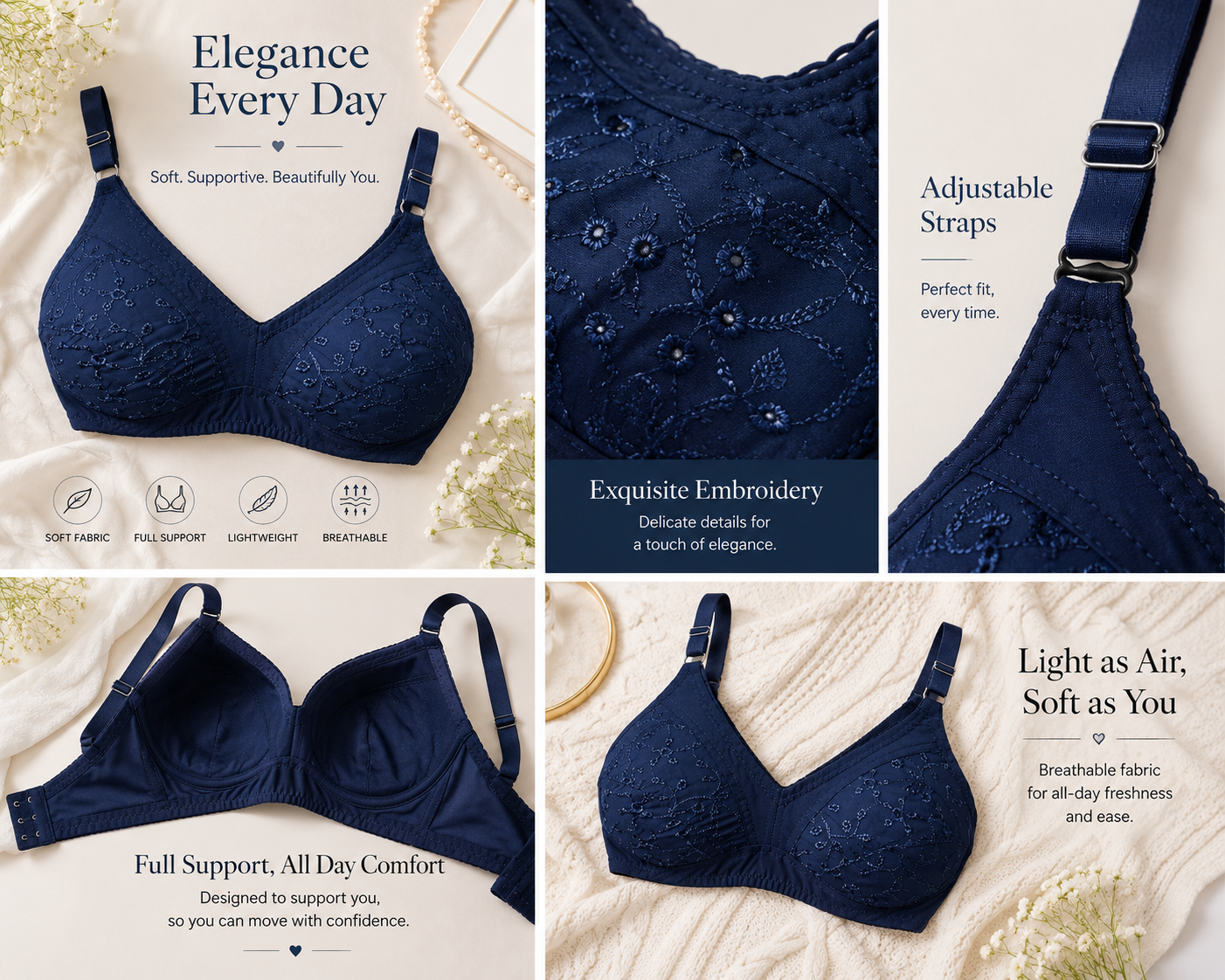 Full Cup Chicken Cotton Embroidered Bra – Soft Breathable Everyday Comfort (5 Colors | Sizes 32-42