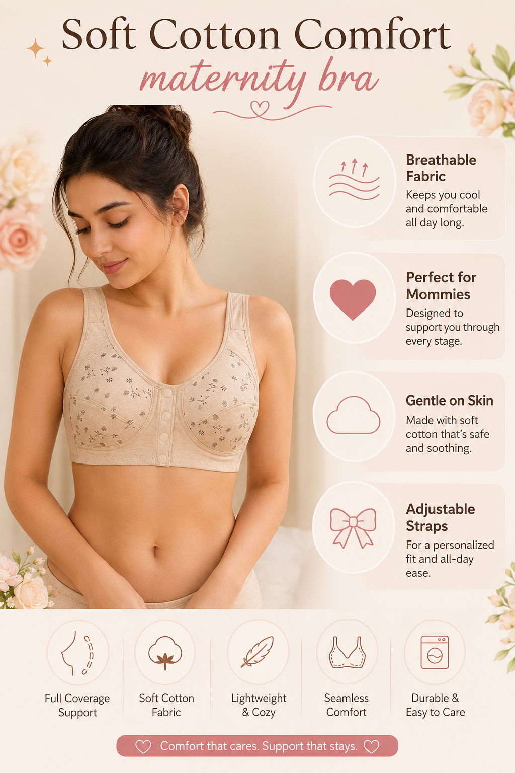 Front Open 4 Button Maternity Bra – Soft Cotton Feeding Bra for Women | Full Coverage Comfort (Size 36-46)