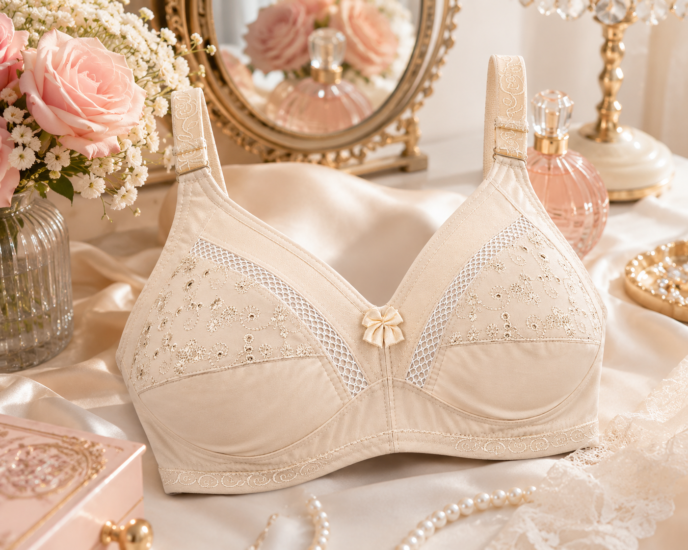 Half Cup Chicken Cotton & Net Bra – Soft Breathable Comfort | Sizes 32-42