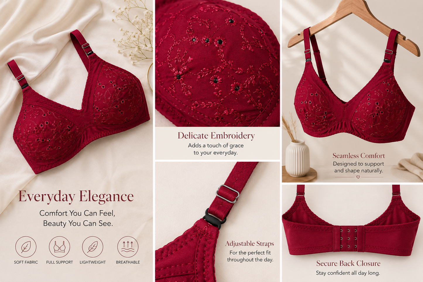 Full Cup Chicken Cotton Embroidered Bra – Soft Breathable Everyday Comfort (5 Colors | Sizes 32-42