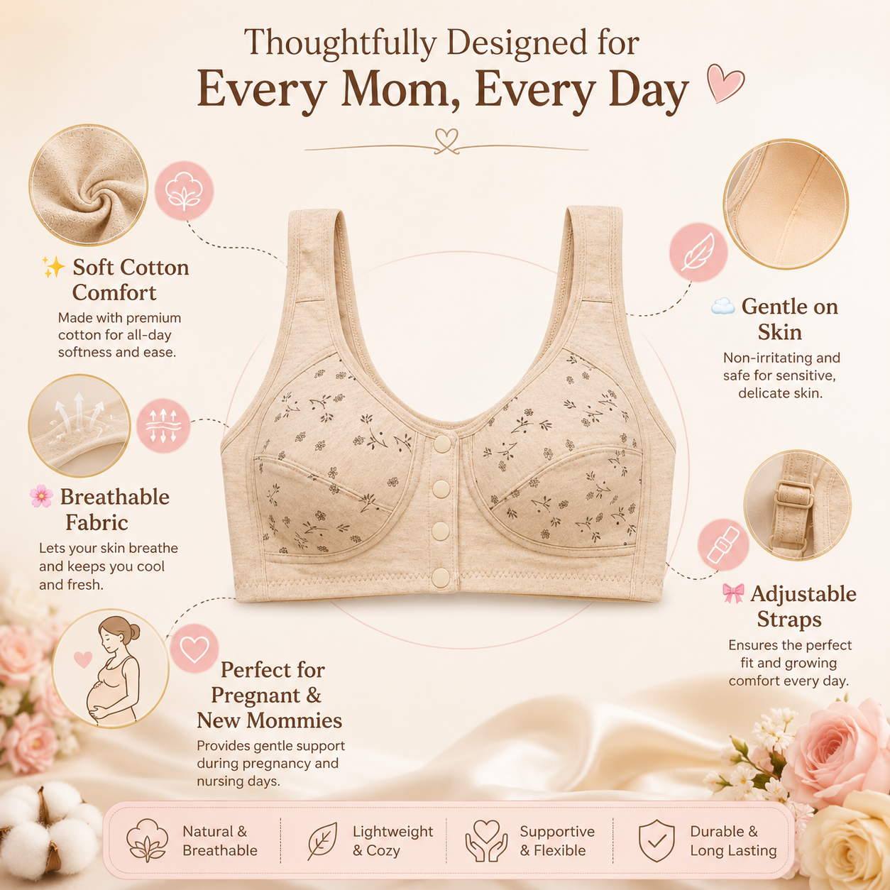 Front Open 4 Button Maternity Bra – Soft Cotton Feeding Bra for Women | Full Coverage Comfort (Size 36-46)