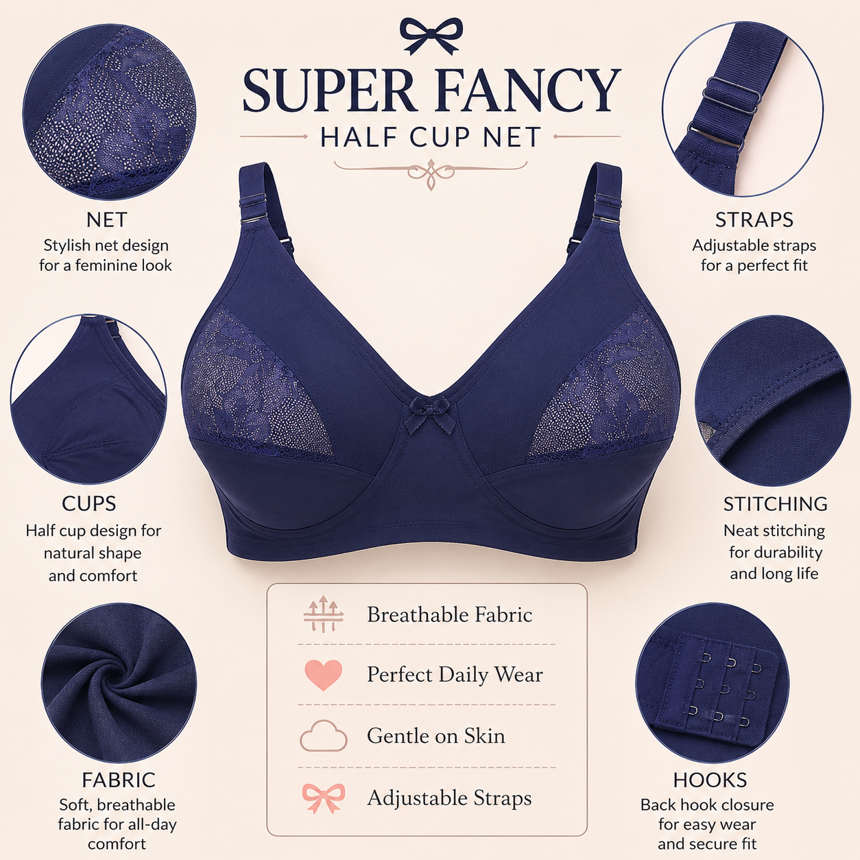 )Super Fancy Net Bra – Soft Luxury Fit Breathable Fabric -(Size 32–42)