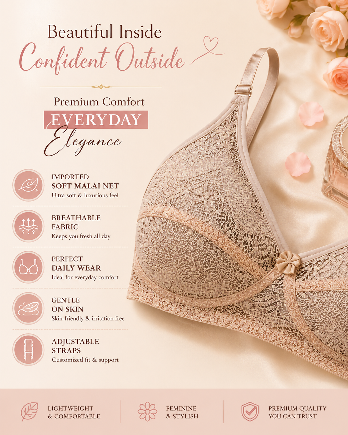 Soft Malai Net Lace Bra – Premium Everyday Comfort Bra (Size 32–42)