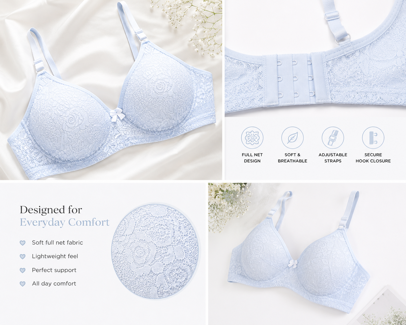 Super Fancy Full Net Bra – Soft Comfortable Lace Design (Sizes 32-42)