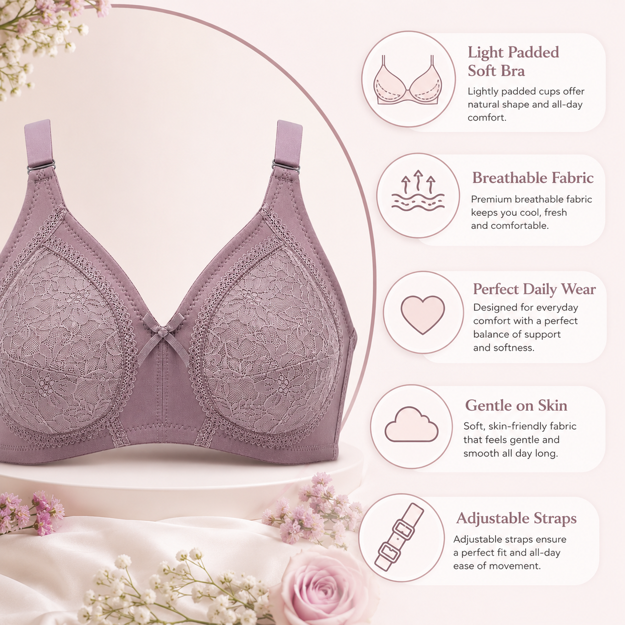 Light Padded Soft Cotton Push-Up Bra – Everyday Comfort & Natural Lift | 5 Colors | Sizes 32-42
