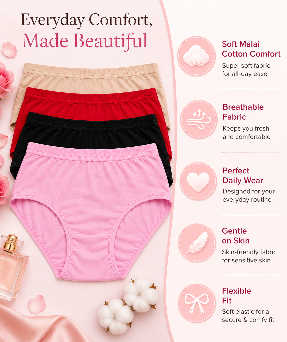 Summer Malai Cotton Panty Pack of 5 – Soft Breathable Everyday Comfort | 5 Colors | Sizes M-XXL