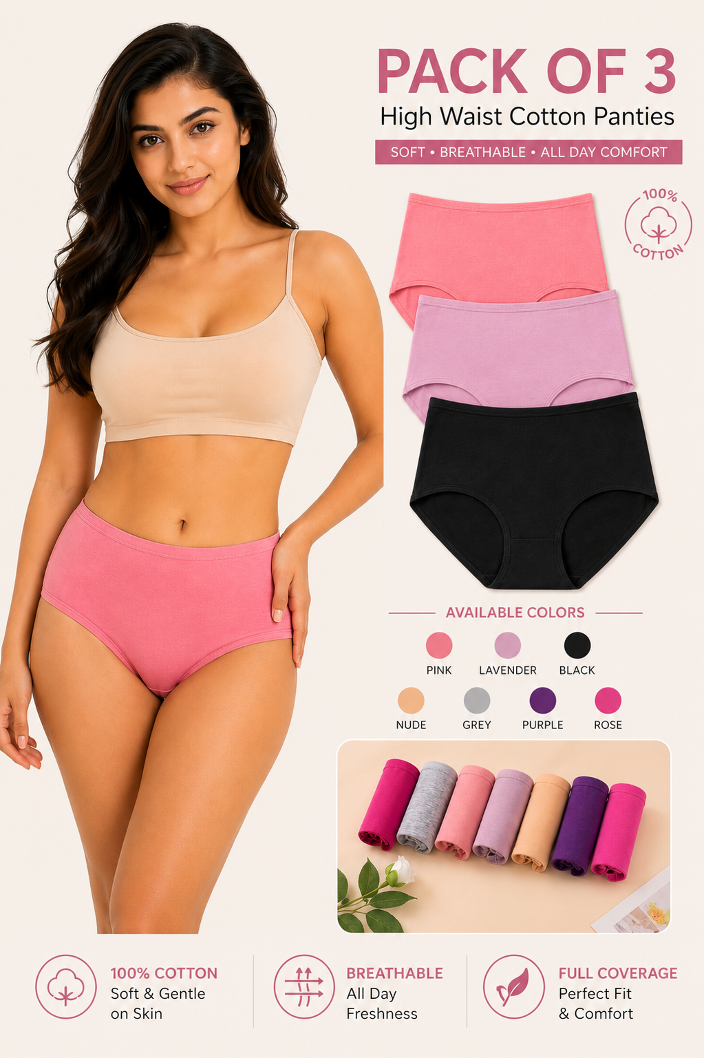Soft Comfort High Waist Panty –PACK OF 3- Breathable Everyday Wear | 4 Colors | Sizes S–XXL