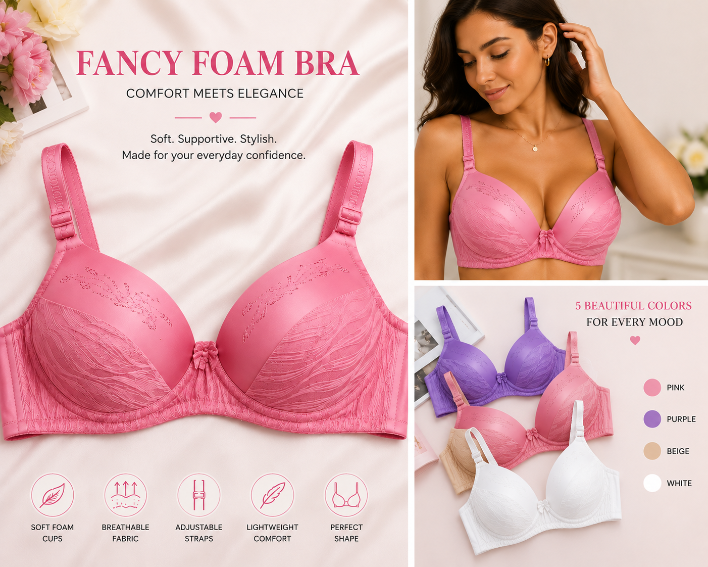 Fancy Foam Bra – Soft Padded Comfort Bra | 4 Colors | Sizes 36-40