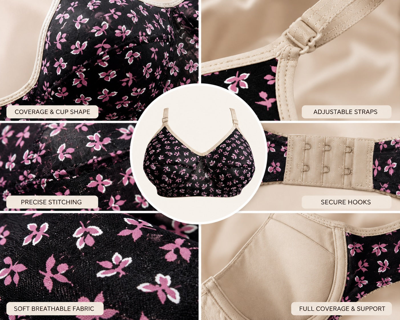 Floral Print Comfort Bra | Soft Full Coverage Support | Sizes 32-42