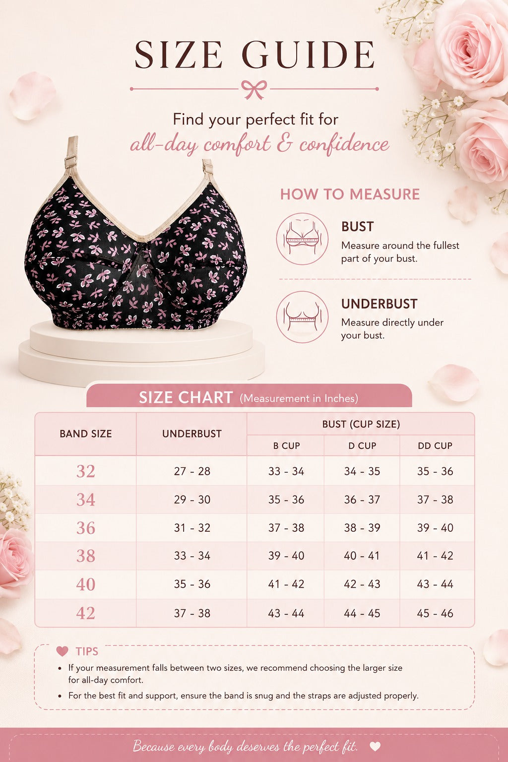 Floral Print Comfort Bra | Soft Full Coverage Support | Sizes 32-42