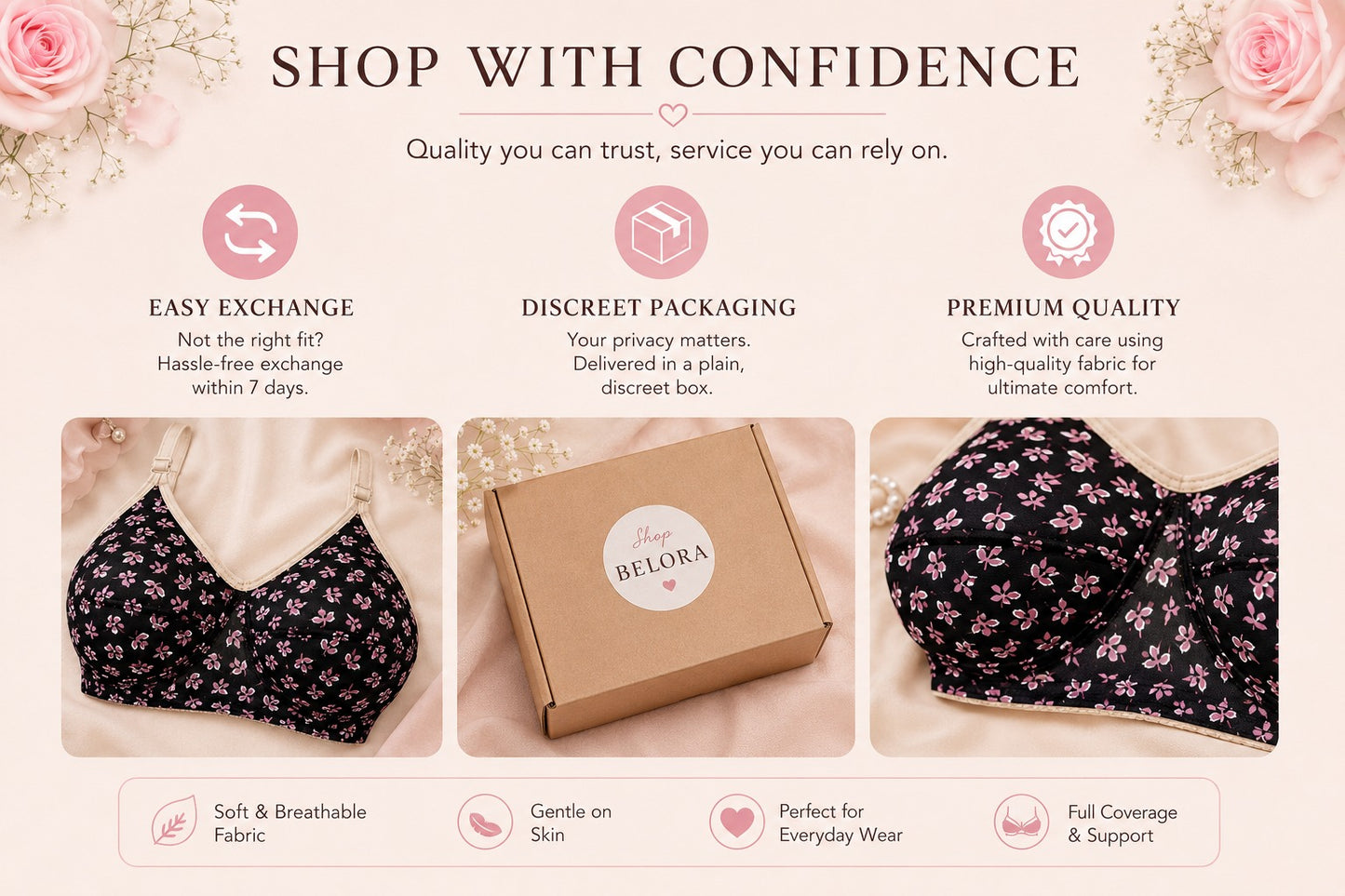 Floral Print Comfort Bra | Soft Full Coverage Support | Sizes 32-42