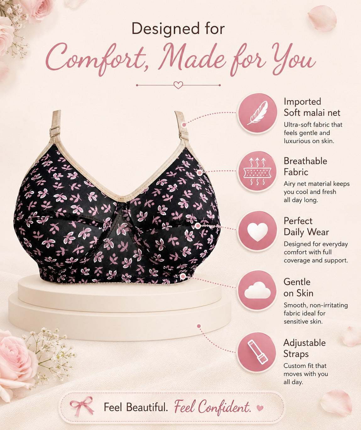 Floral Print Comfort Bra | Soft Full Coverage Support | Sizes 32-42