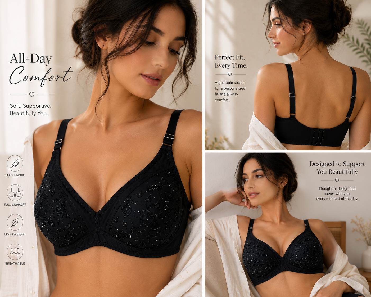 Full Cup Chicken Cotton Embroidered Bra – Soft Breathable Everyday Comfort (5 Colors | Sizes 32-42