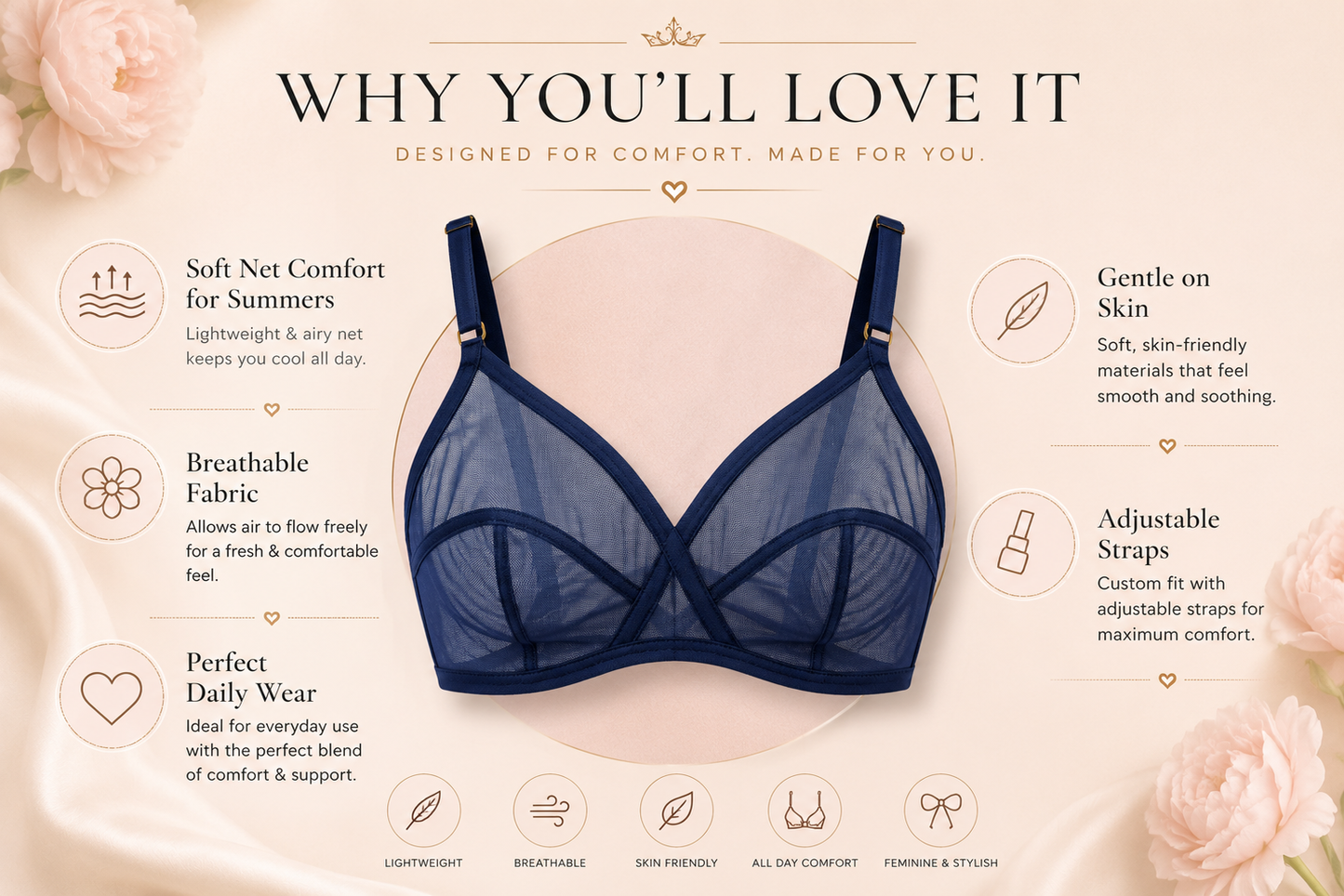 Imported Soft Net Bra – Lightweight Summer Comfort | Breathable Everyday Wear (4 Colors)
