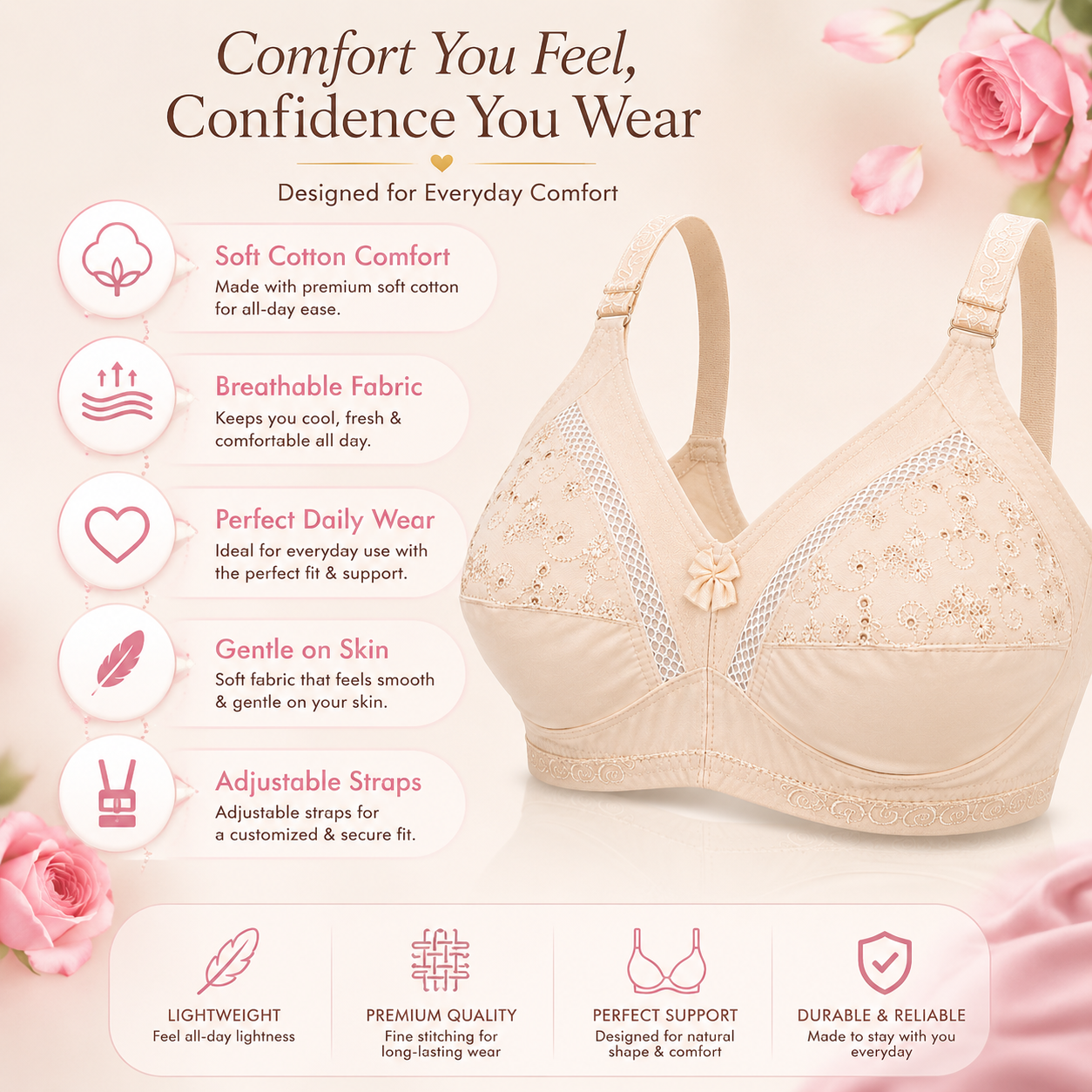 Half Cup Chicken Cotton & Net Bra – Soft Breathable Comfort | Sizes 32-42