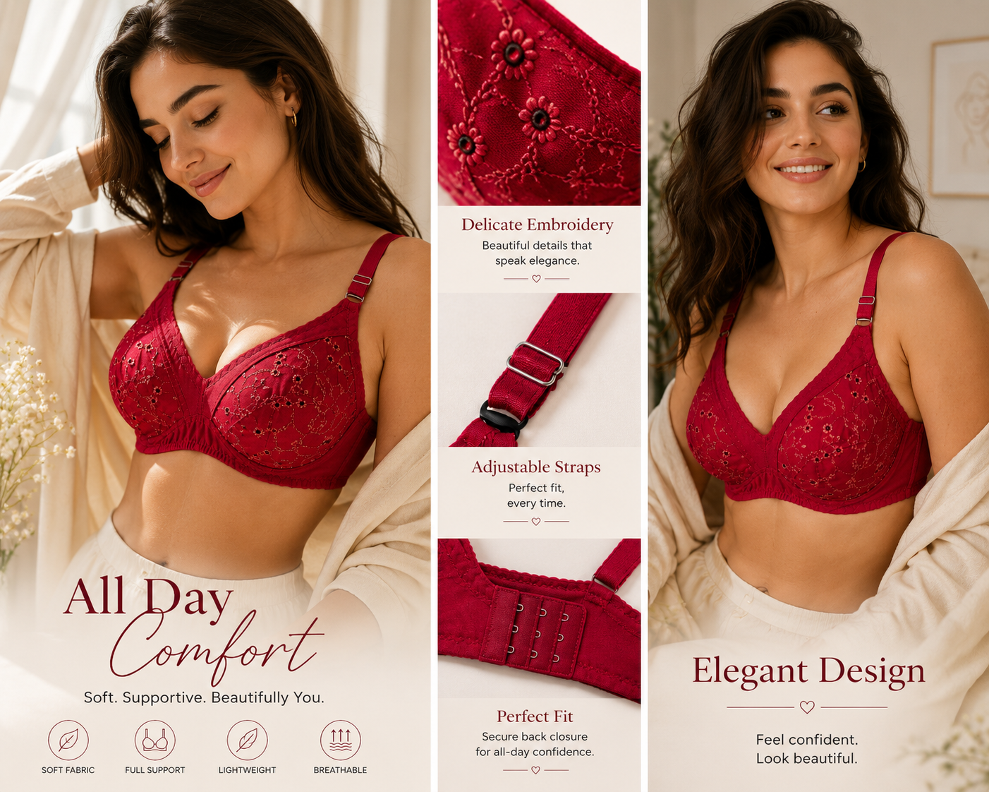 Full Cup Chicken Cotton Embroidered Bra – Soft Breathable Everyday Comfort (5 Colors | Sizes 32-42