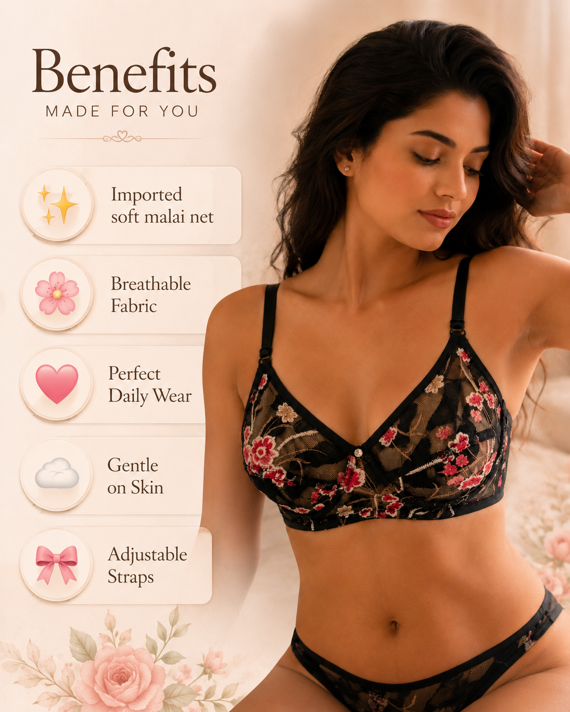 Imported Soft Malai Net Embroidery Bra – Premium Breathable Daily Wear (Size 32–38)
