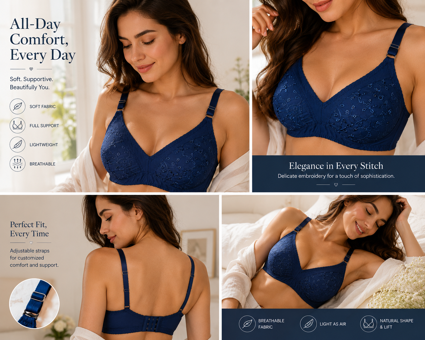 Full Cup Chicken Cotton Embroidered Bra – Soft Breathable Everyday Comfort (5 Colors | Sizes 32-42