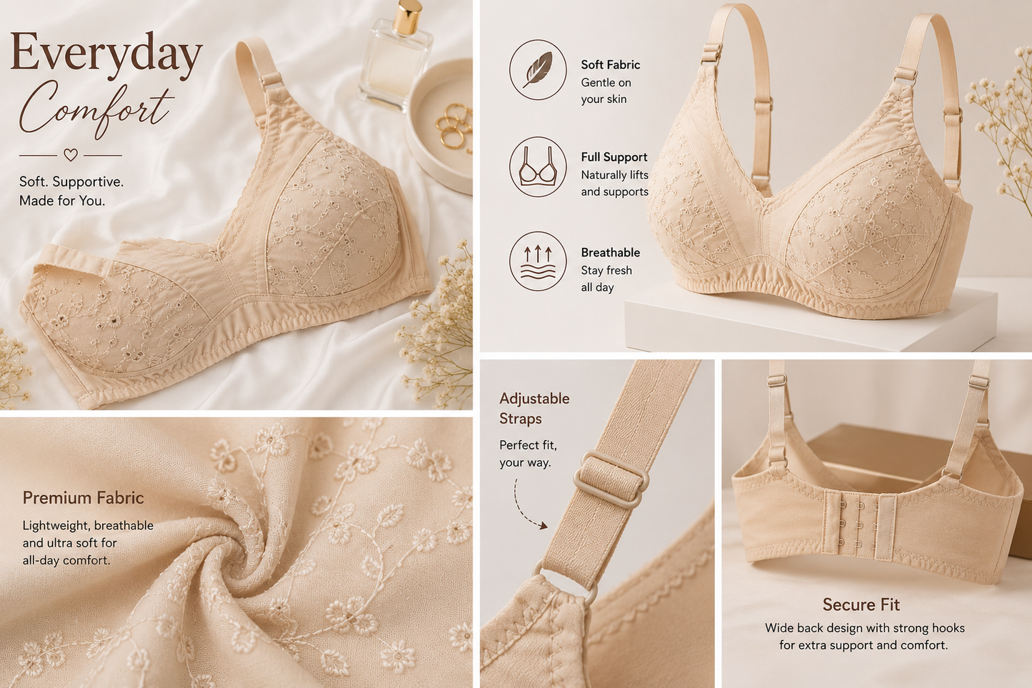Full Cup Chicken Cotton Embroidered Bra – Soft Breathable Everyday Comfort (5 Colors | Sizes 32-42