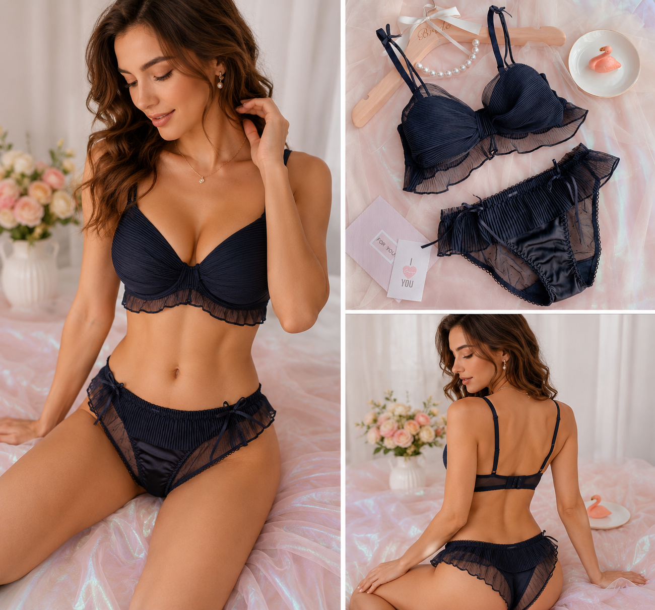 Fancy Bra Set – Soft Luxury Lingerie Set with Elegant Design (3 Colors Pink, Black &amp; White)