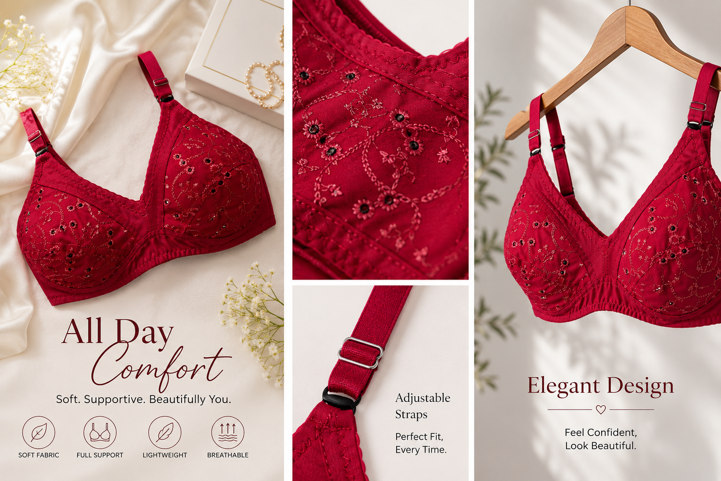 Full Cup Chicken Cotton Embroidered Bra – Soft Breathable Everyday Comfort (5 Colors | Sizes 32-42