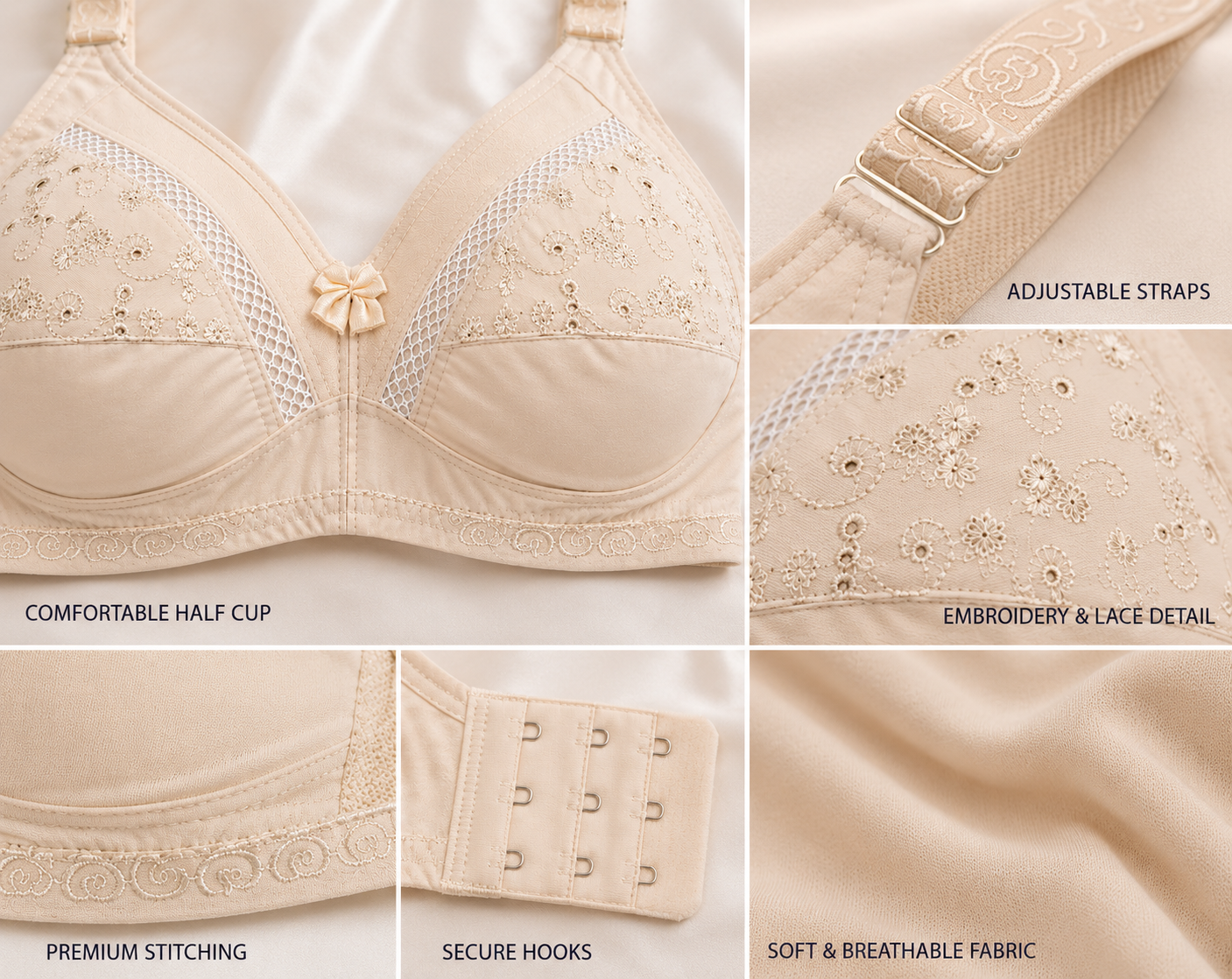Half Cup Chicken Cotton & Net Bra – Soft Breathable Comfort | Sizes 32-42