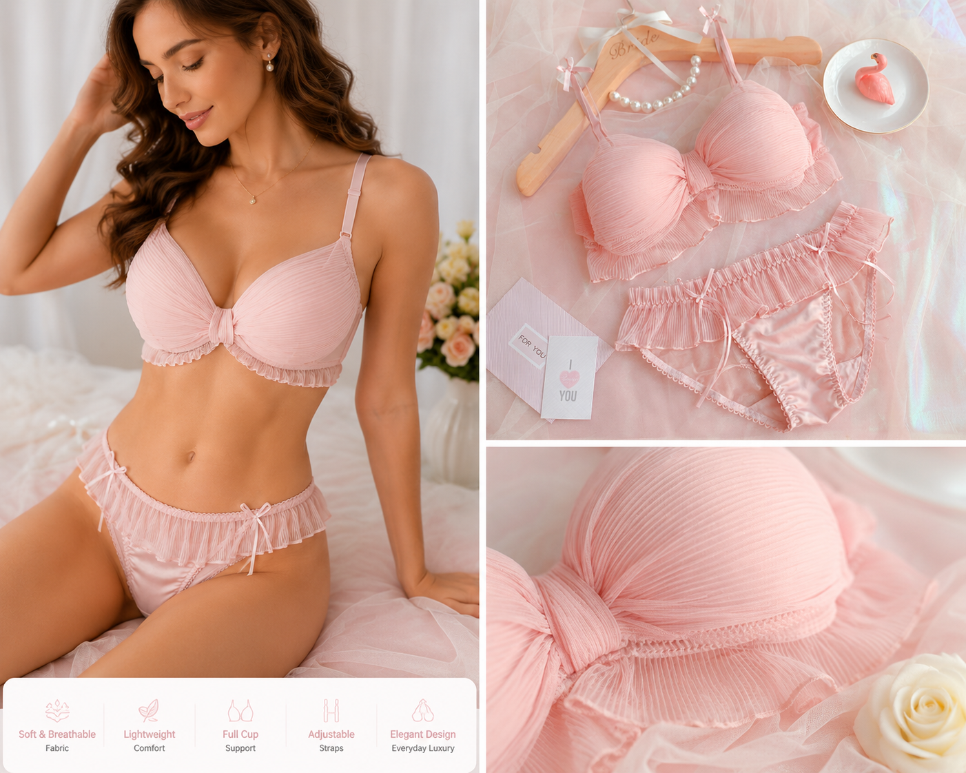 Fancy Bra Set – Soft Luxury Lingerie Set with Elegant Design (3 Colors Pink, Black &amp; White)